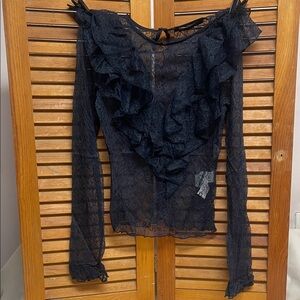 Zara Dark Navy Blue Sheer Lace Ruffle Blouse